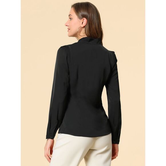 Blouse Button Up Long Sleeve V Neck Chiffon Shirt Black - Picture 5 of 6